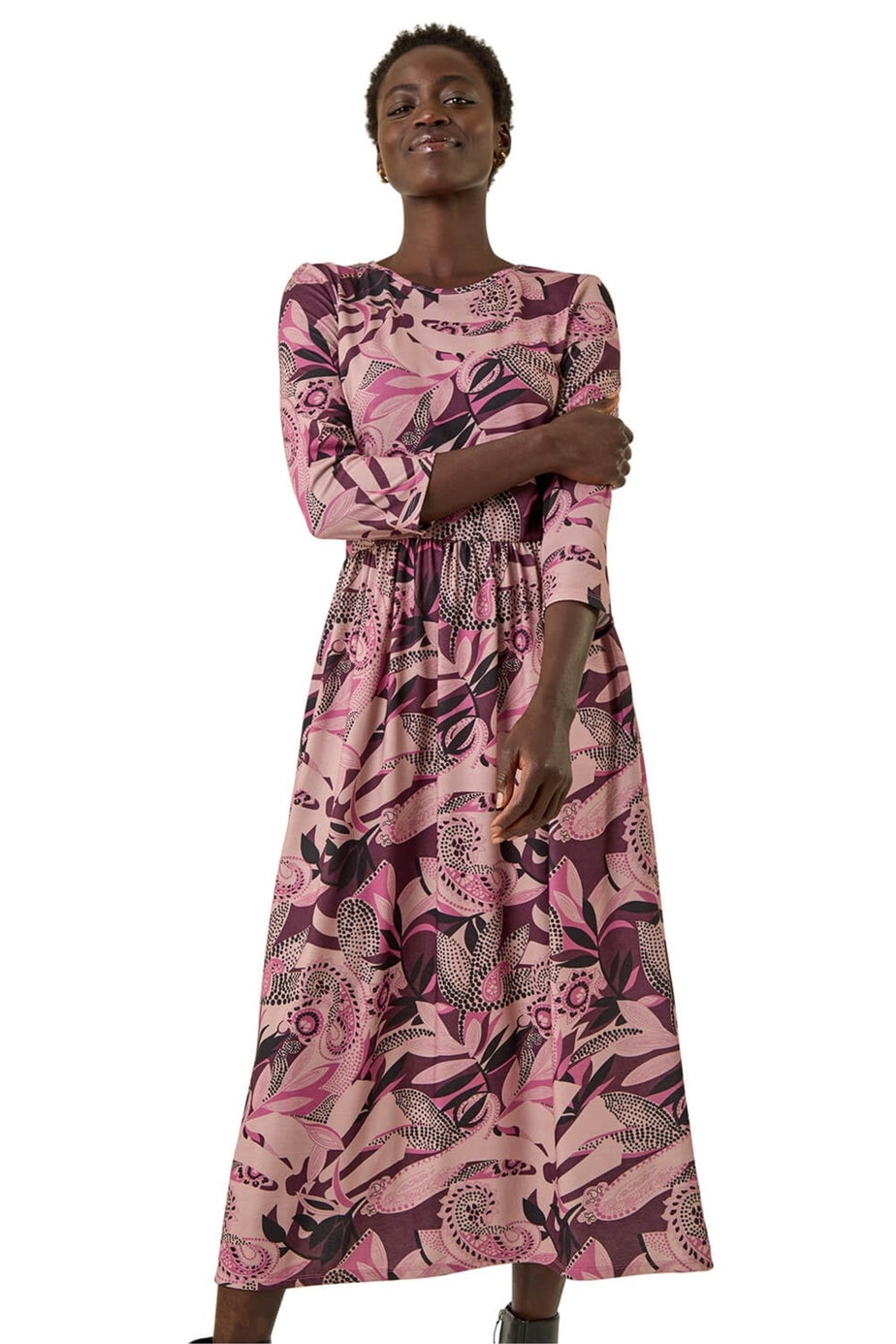 Roman Rose Floral Print Gathered Stretch Midi Dress