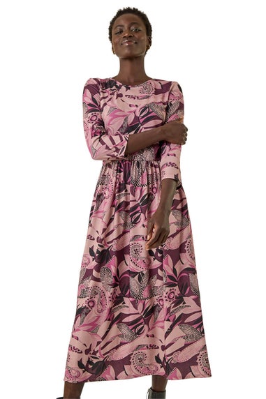 Roman Rose Floral Print Gathered Stretch Midi Dress