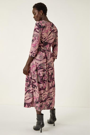 Roman Rose Floral Print Gathered Stretch Midi Dress