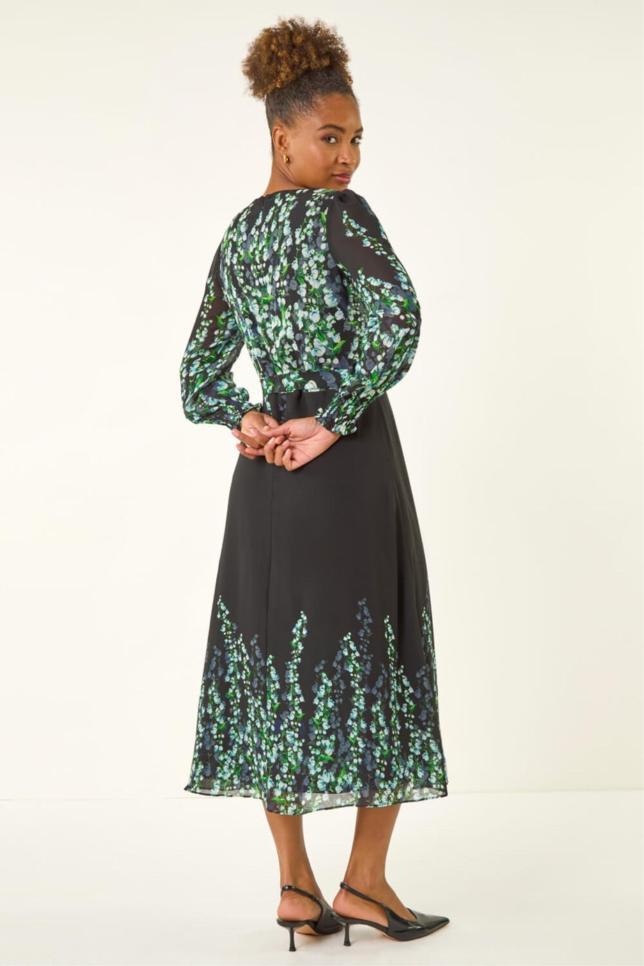 Roman Blue Floral Border Belted Midi Dress