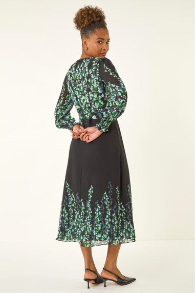 Roman Blue Floral Border Belted Midi Dress