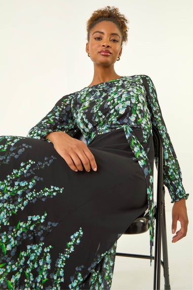 Roman Blue Floral Border Belted Midi Dress