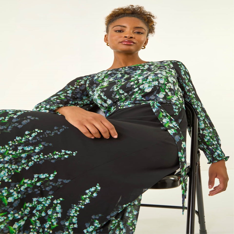 Roman Blue Floral Border Belted Midi Dress