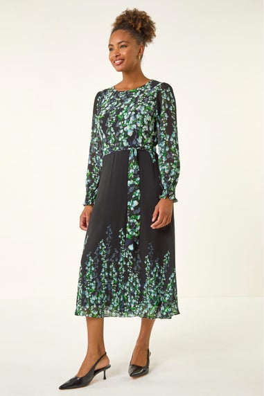 Roman Blue Floral Border Belted Midi Dress