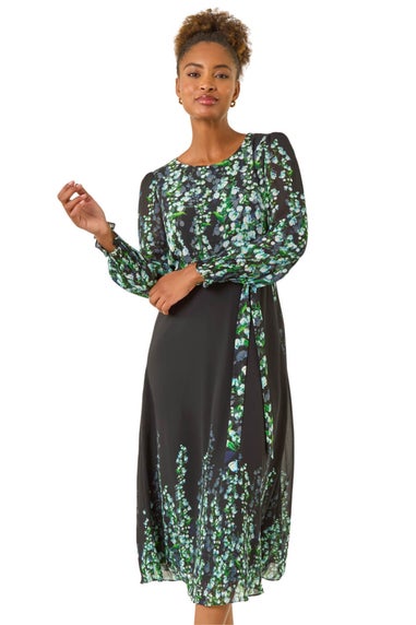 Roman Blue Floral Border Belted Midi Dress