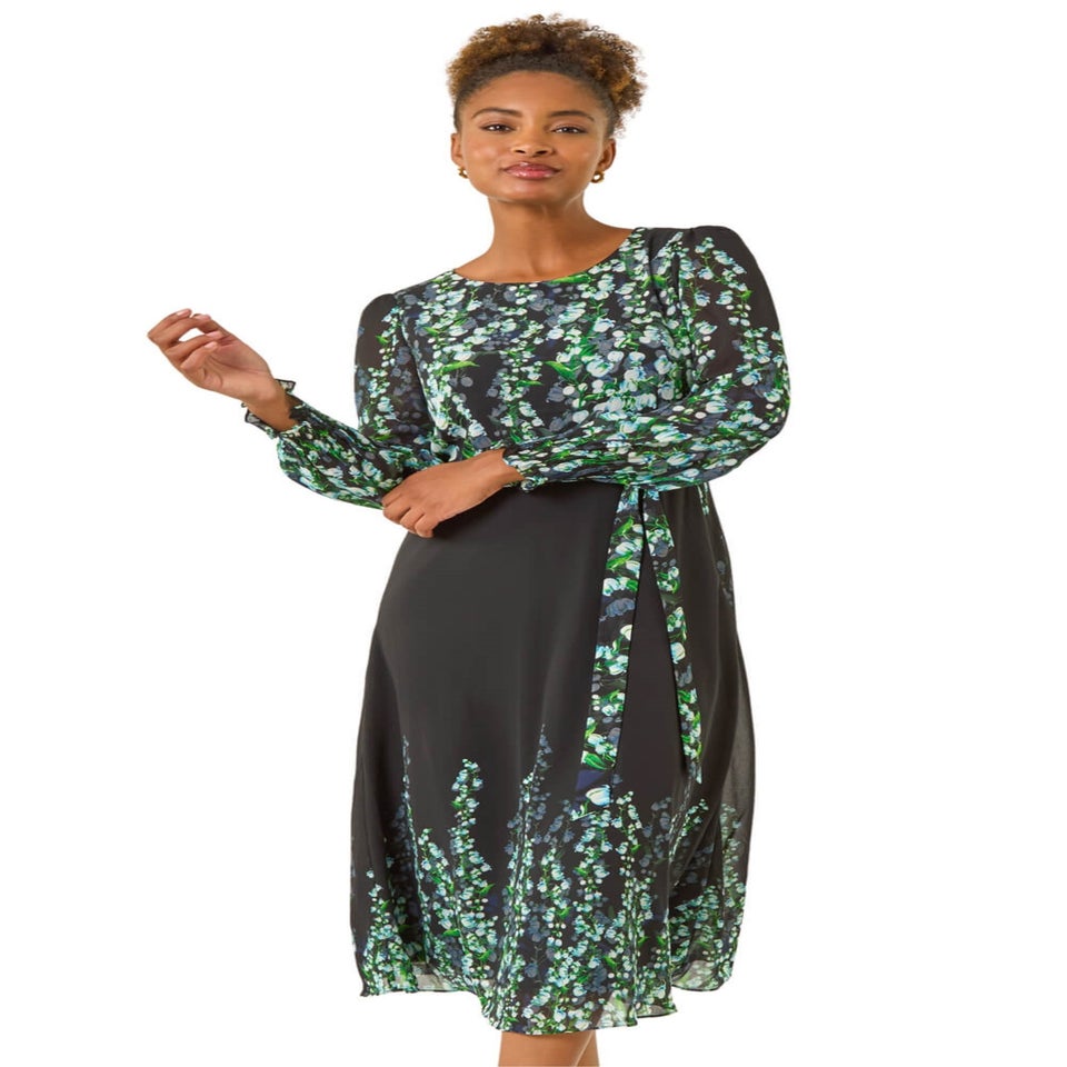 Roman Blue Floral Border Belted Midi Dress