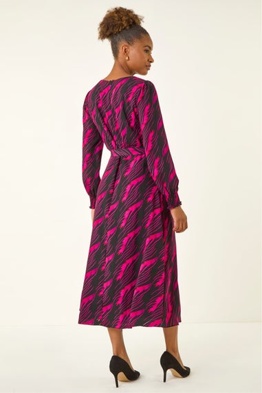 Roman Pink Abstract Feather Shirred Midi Dress