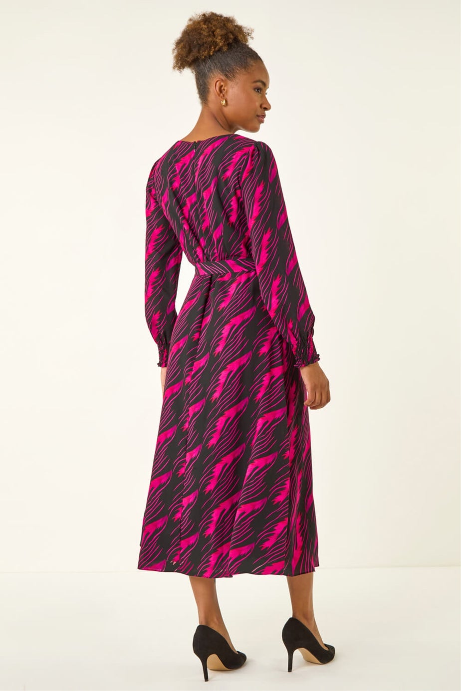 Roman Pink Abstract Feather Shirred Midi Dress