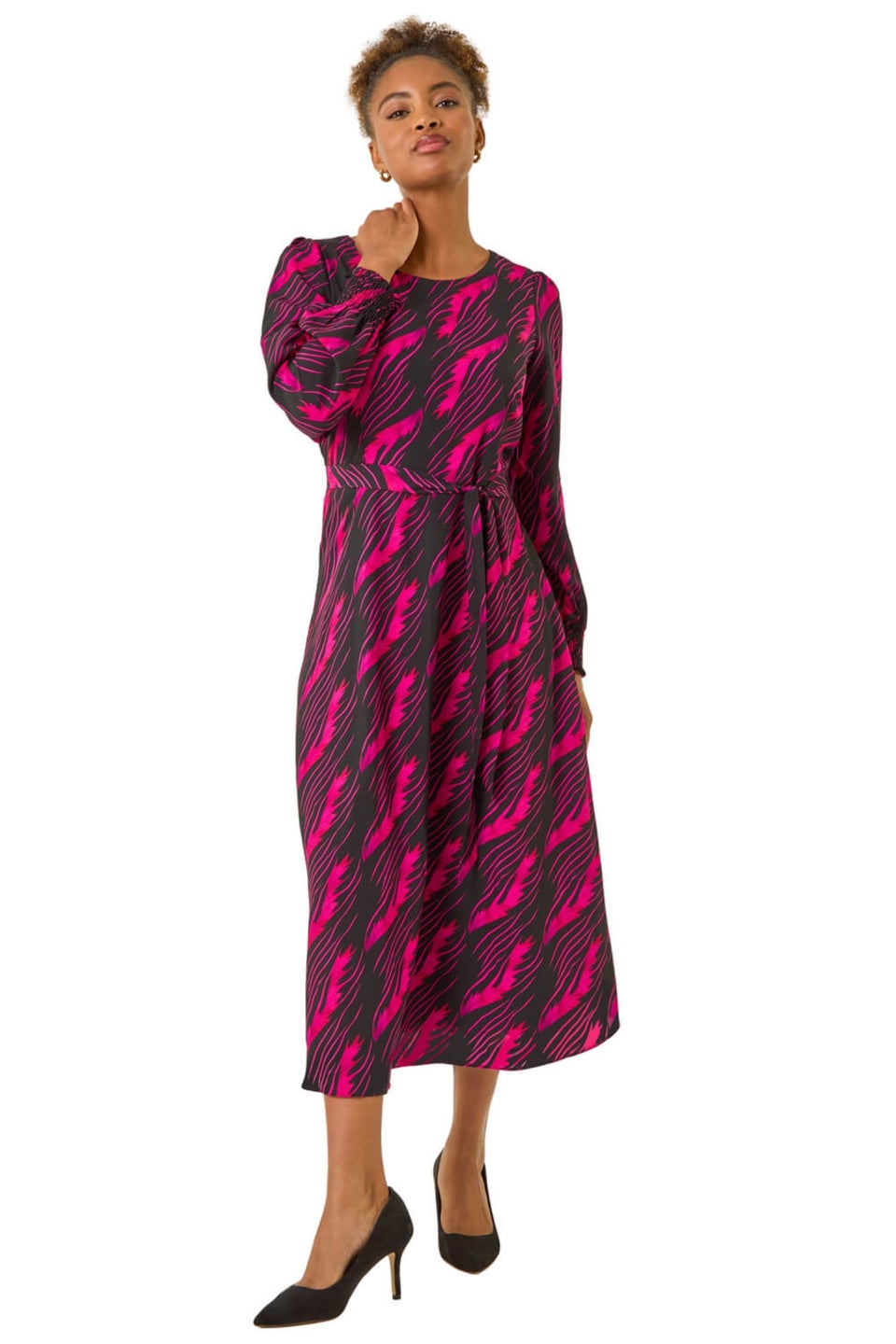 Roman Pink Abstract Feather Shirred Midi Dress