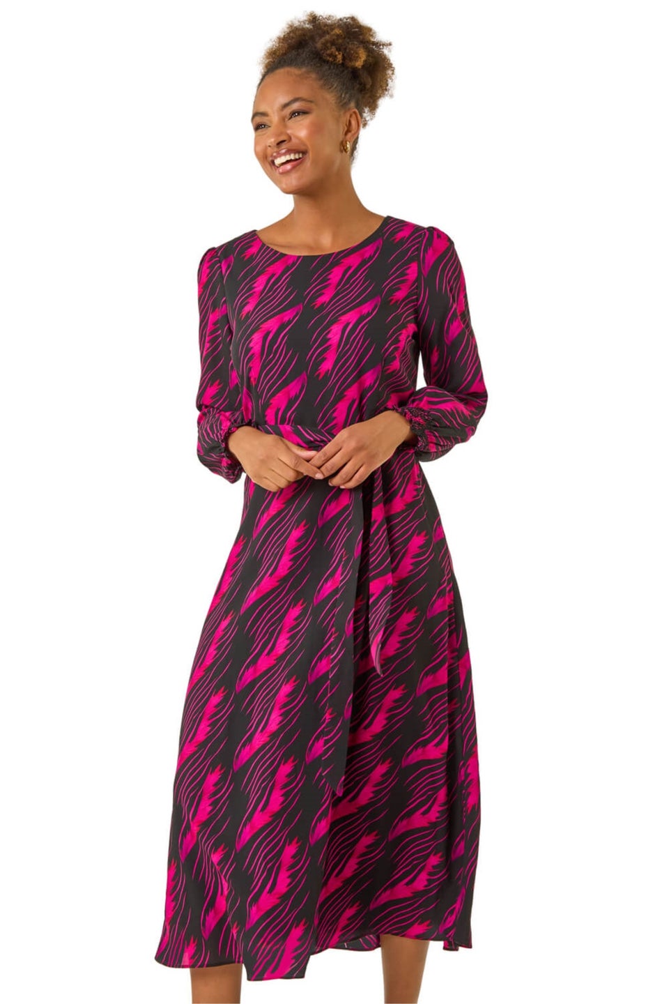 Roman Pink Abstract Feather Shirred Midi Dress