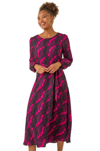 Roman Pink Abstract Feather Shirred Midi Dress