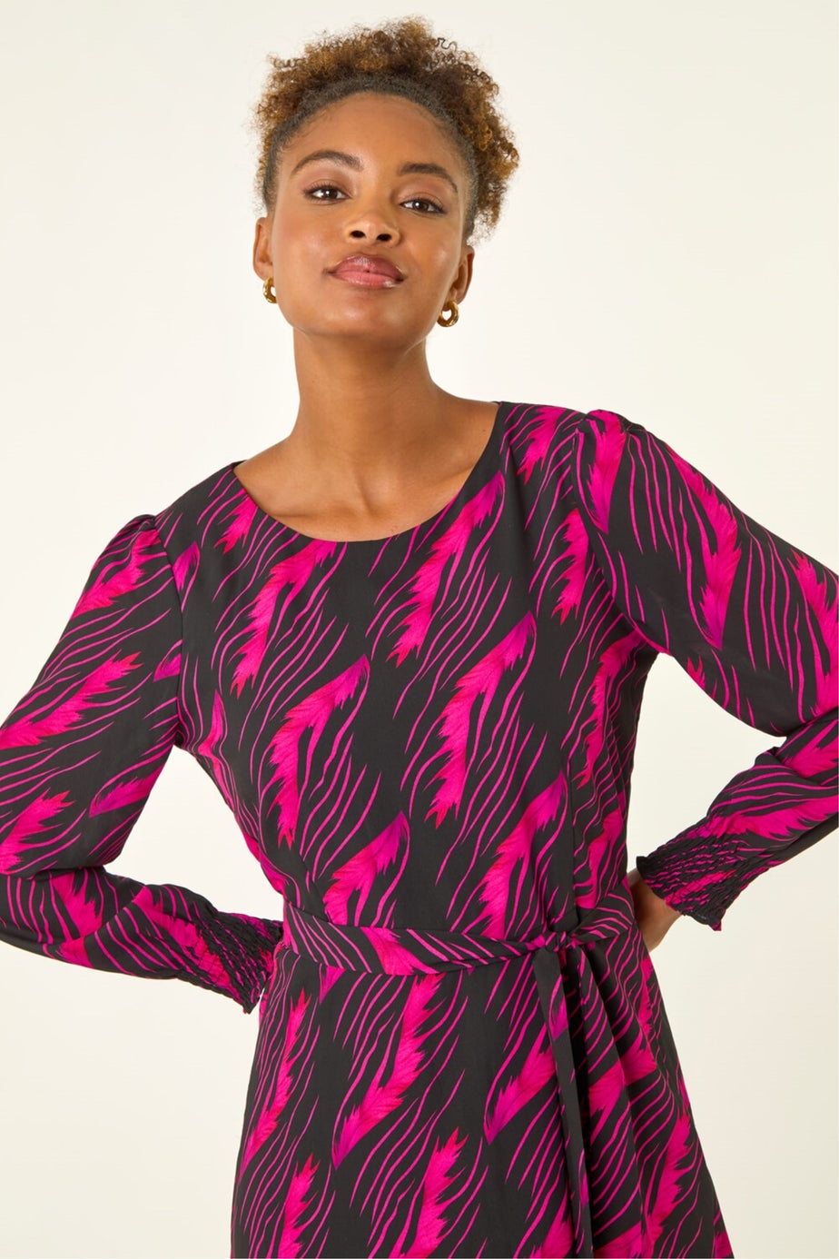 Roman Pink Abstract Feather Shirred Midi Dress