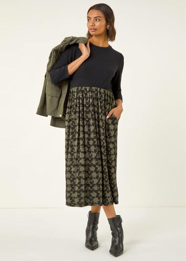 Roman Khaki Abstract Print Midi Stretch Dress