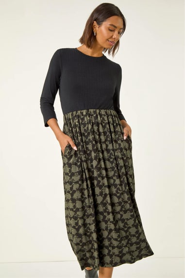 Roman Khaki Abstract Print Midi Stretch Dress