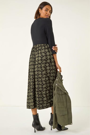 Roman Khaki Abstract Print Midi Stretch Dress