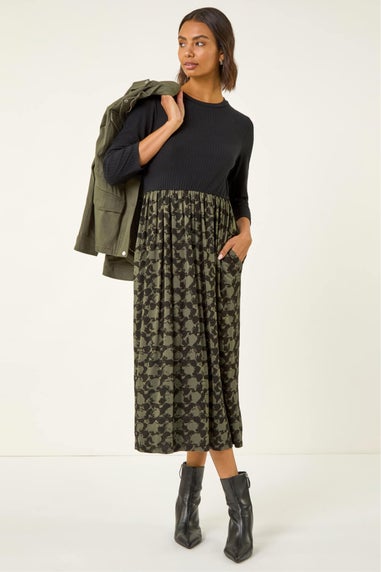 Roman Khaki Abstract Print Midi Stretch Dress