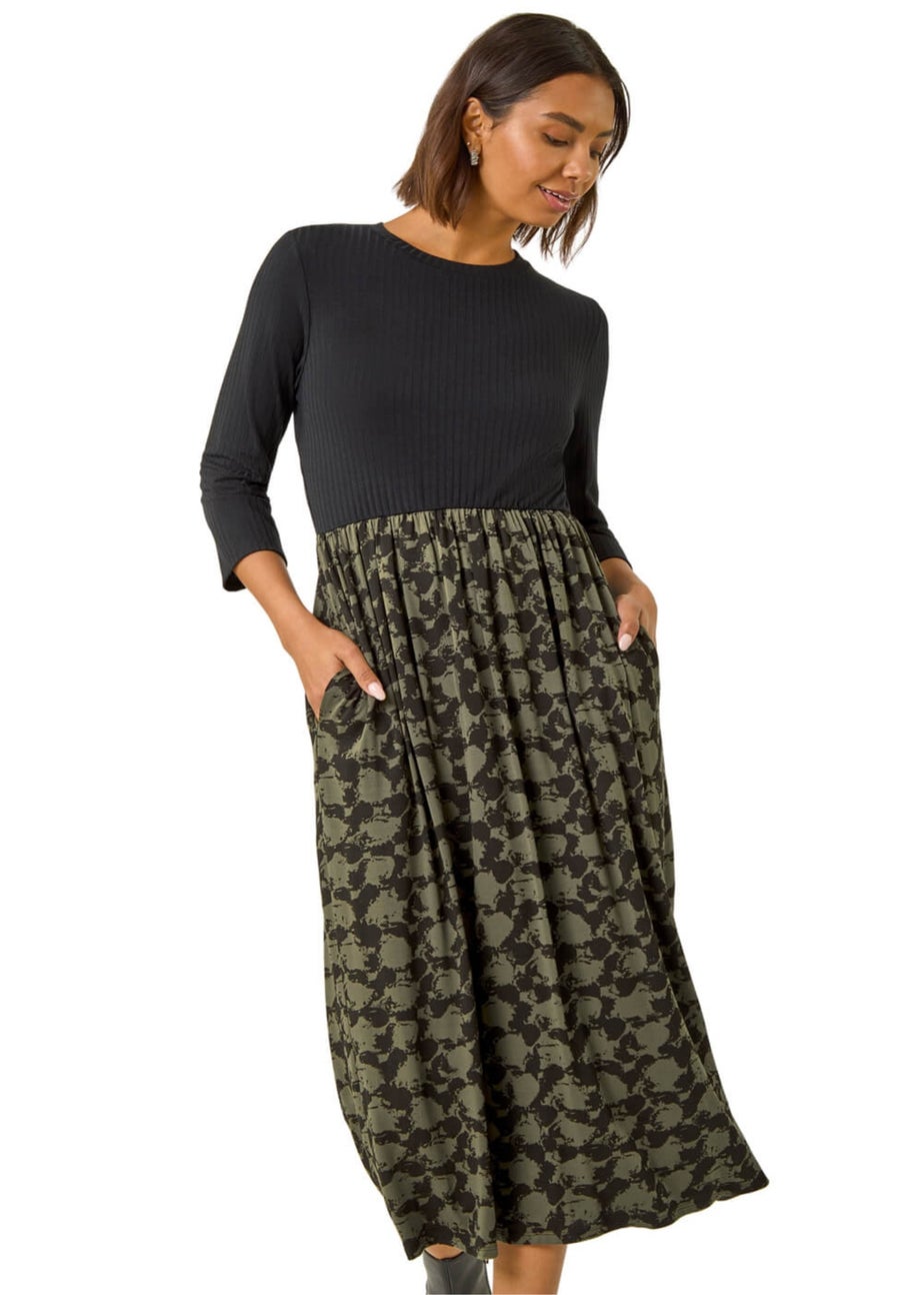 Roman Khaki Abstract Print Midi Stretch Dress