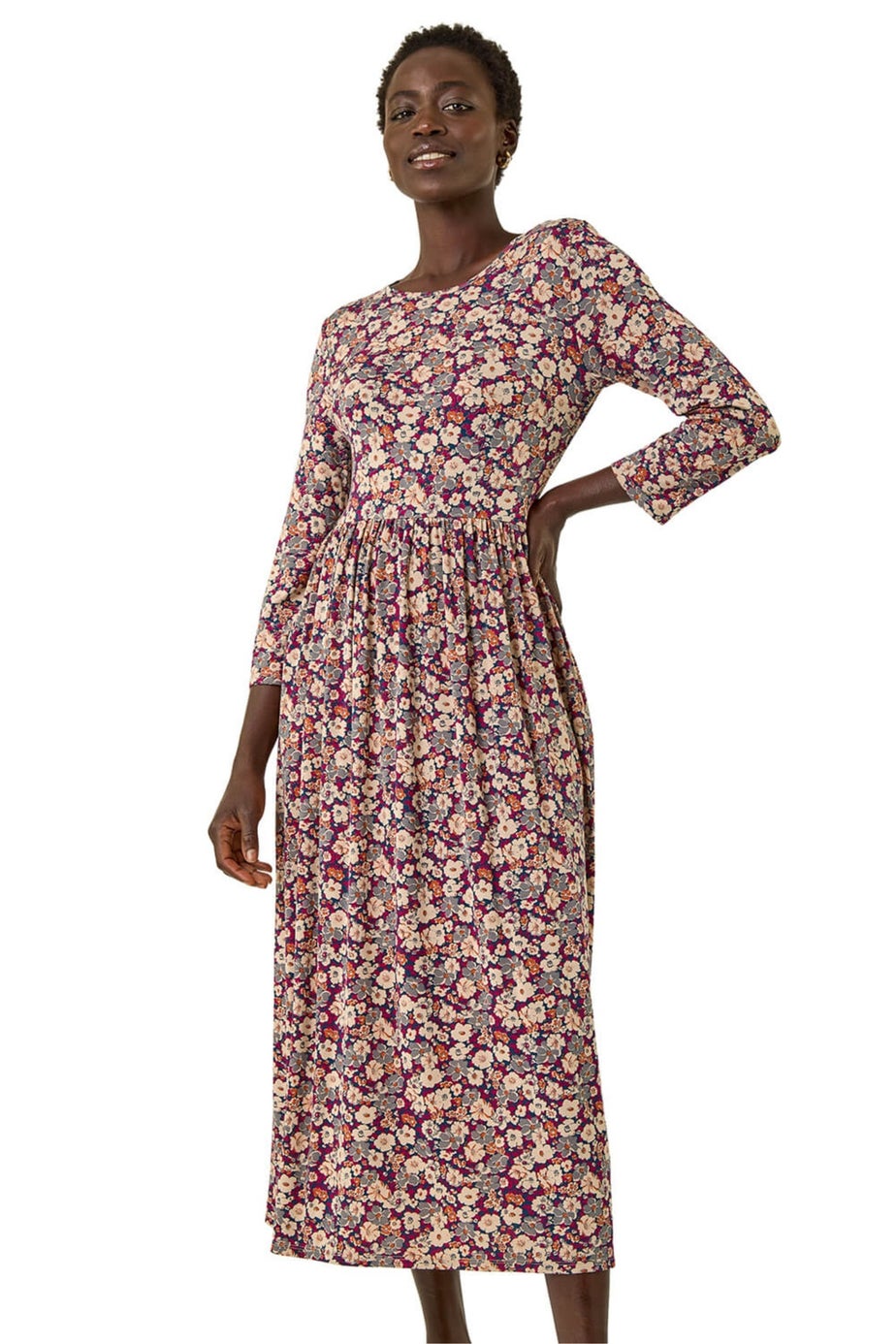 Roman Stone Multi Floral Gathered Midi Dress