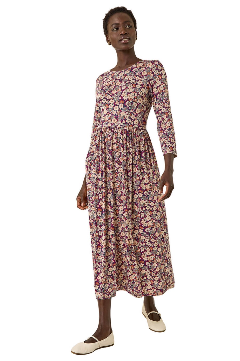 Roman Stone Multi Floral Gathered Midi Dress