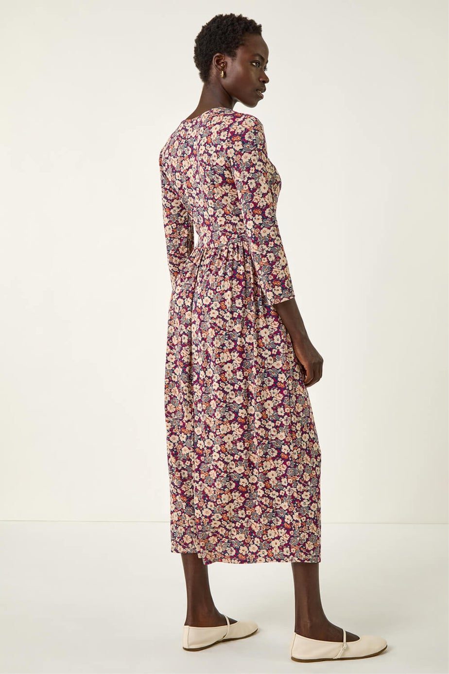 Roman Stone Multi Floral Gathered Midi Dress