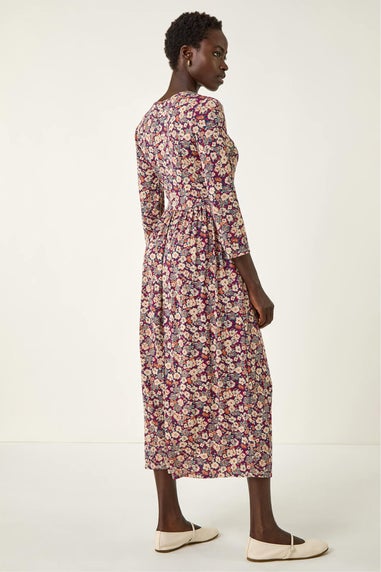 Roman Stone Multi Floral Gathered Midi Dress