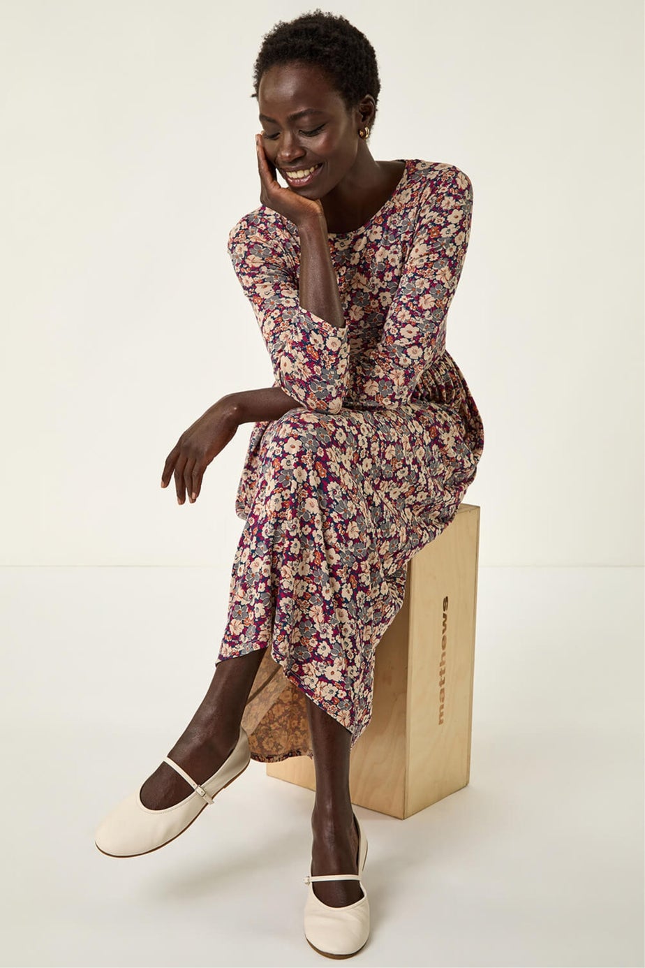 Roman Stone Multi Floral Gathered Midi Dress