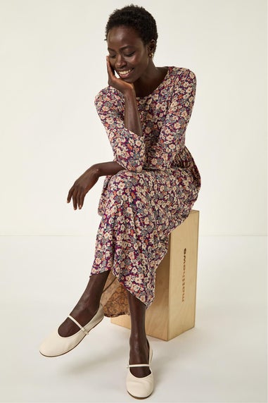 Roman Stone Multi Floral Gathered Midi Dress