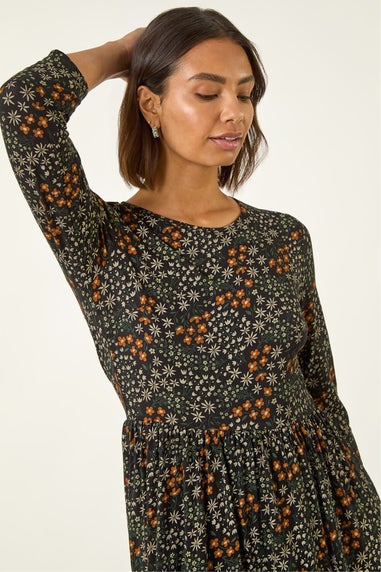 Roman Black Ditsy Floral Gathered Midi Dress