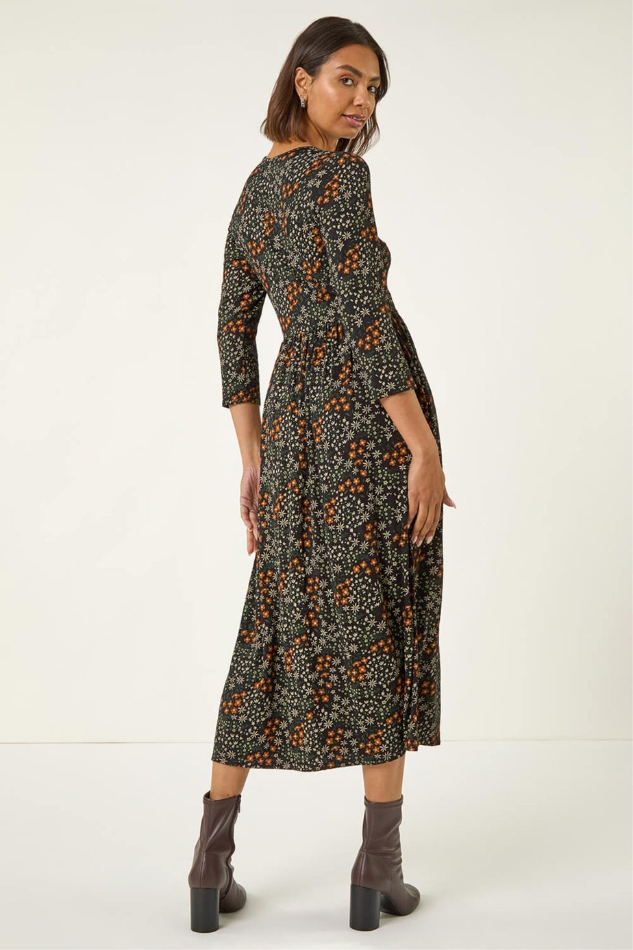 Roman Black Ditsy Floral Gathered Midi Dress