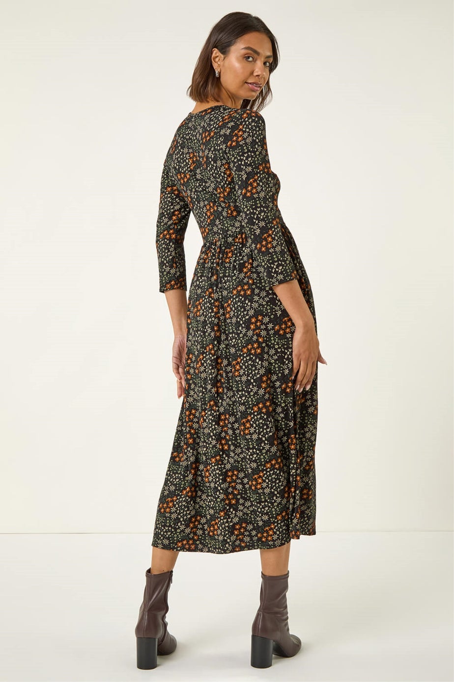 Roman Black Ditsy Floral Gathered Midi Dress