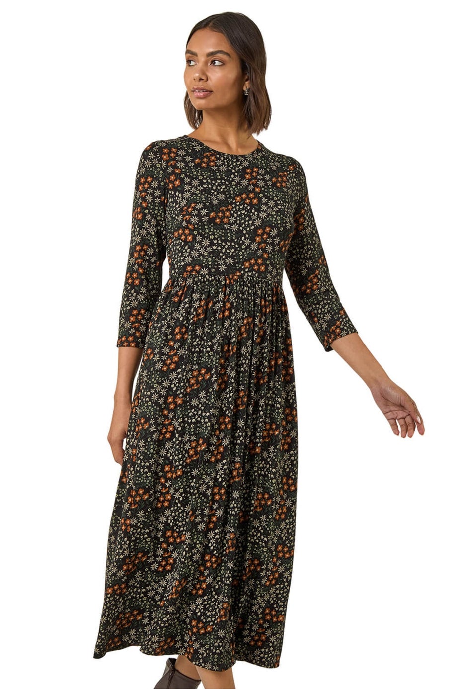 Roman Black Ditsy Floral Gathered Midi Dress