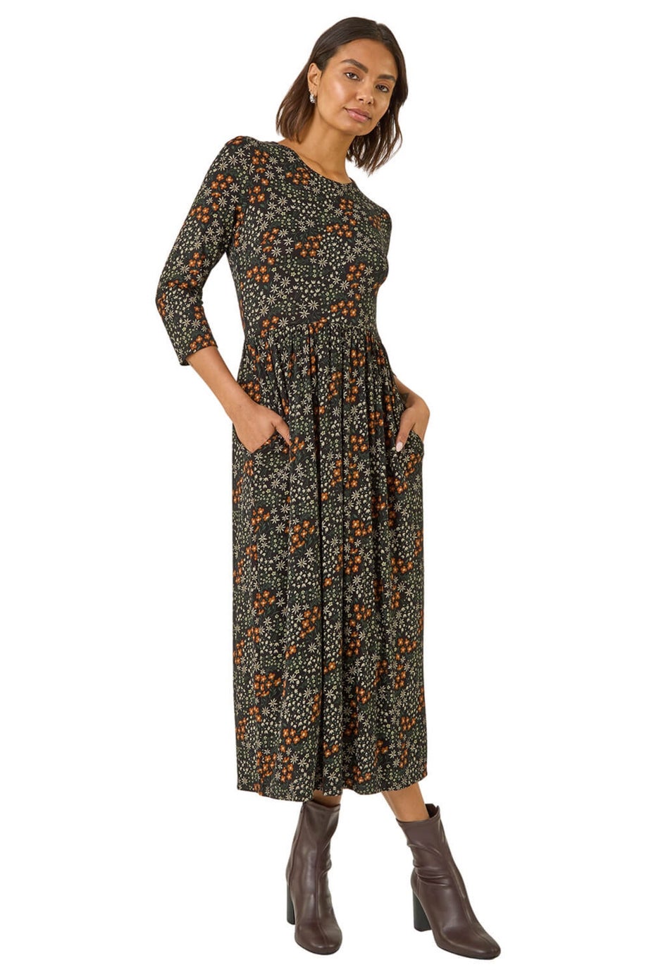 Roman Black Ditsy Floral Gathered Midi Dress