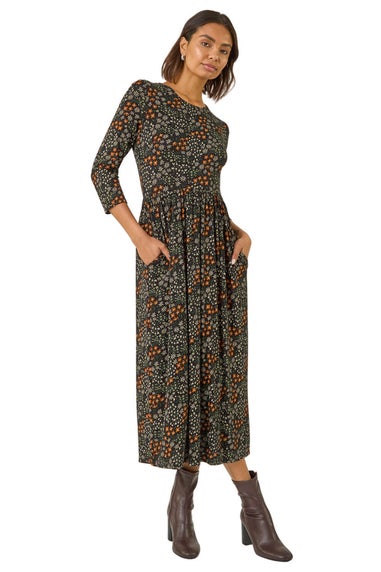 Roman Black Ditsy Floral Gathered Midi Dress