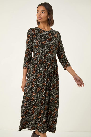 Roman Black Ditsy Floral Gathered Midi Dress