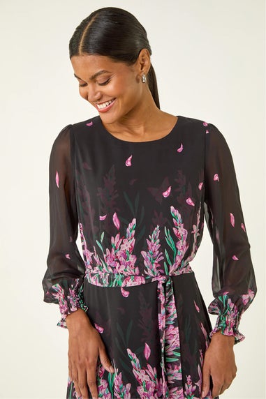 Roman Pink Floral Border Print Belted Midi Dress