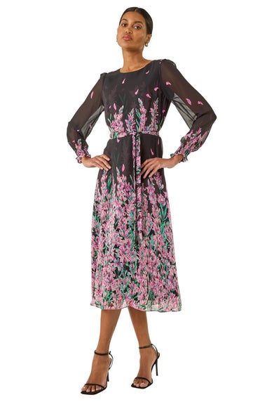 Roman Pink Floral Border Print Belted Midi Dress