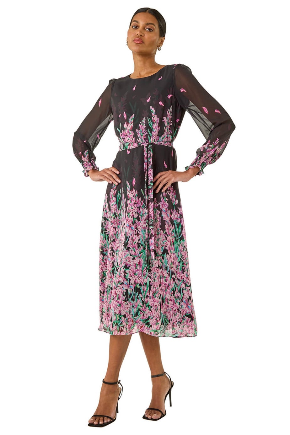 Roman Pink Floral Border Print Belted Midi Dress