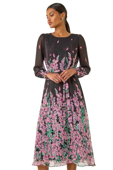 Roman Pink Floral Border Print Belted Midi Dress