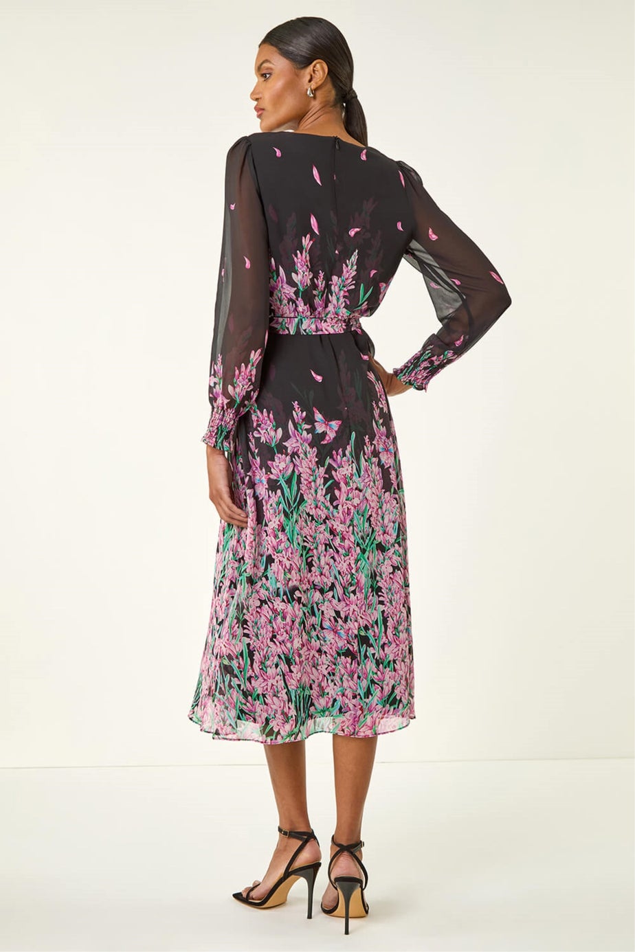 Roman Pink Floral Border Print Belted Midi Dress