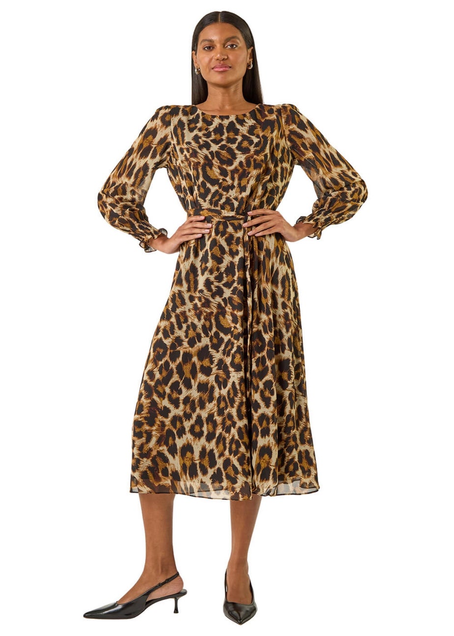 Roman Tan Animal Print Shirred Midi Dress