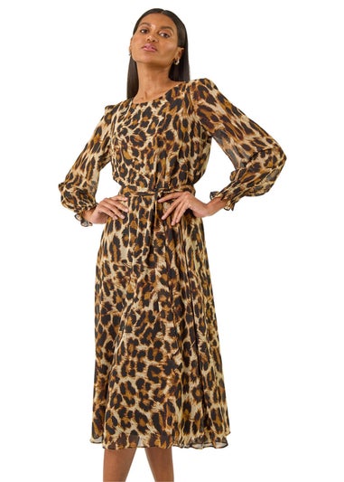 Roman Tan Animal Print Shirred Midi Dress