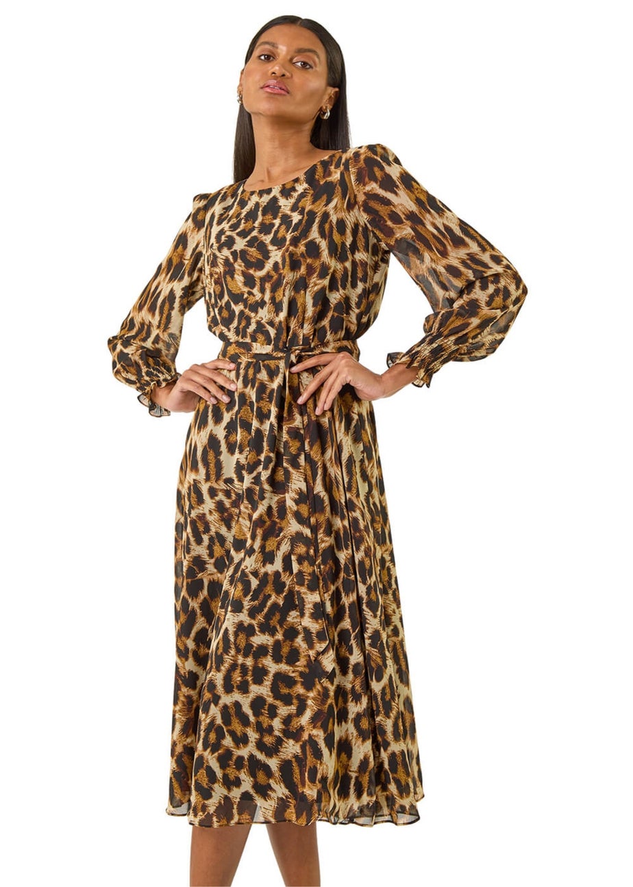 Roman Tan Animal Print Shirred Midi Dress