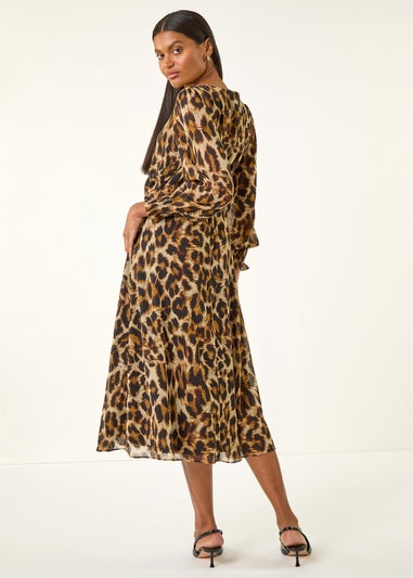 Roman Tan Animal Print Shirred Midi Dress