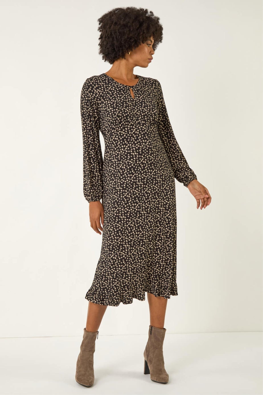 Roman Stone Spot Print Keyhole Midi Dress