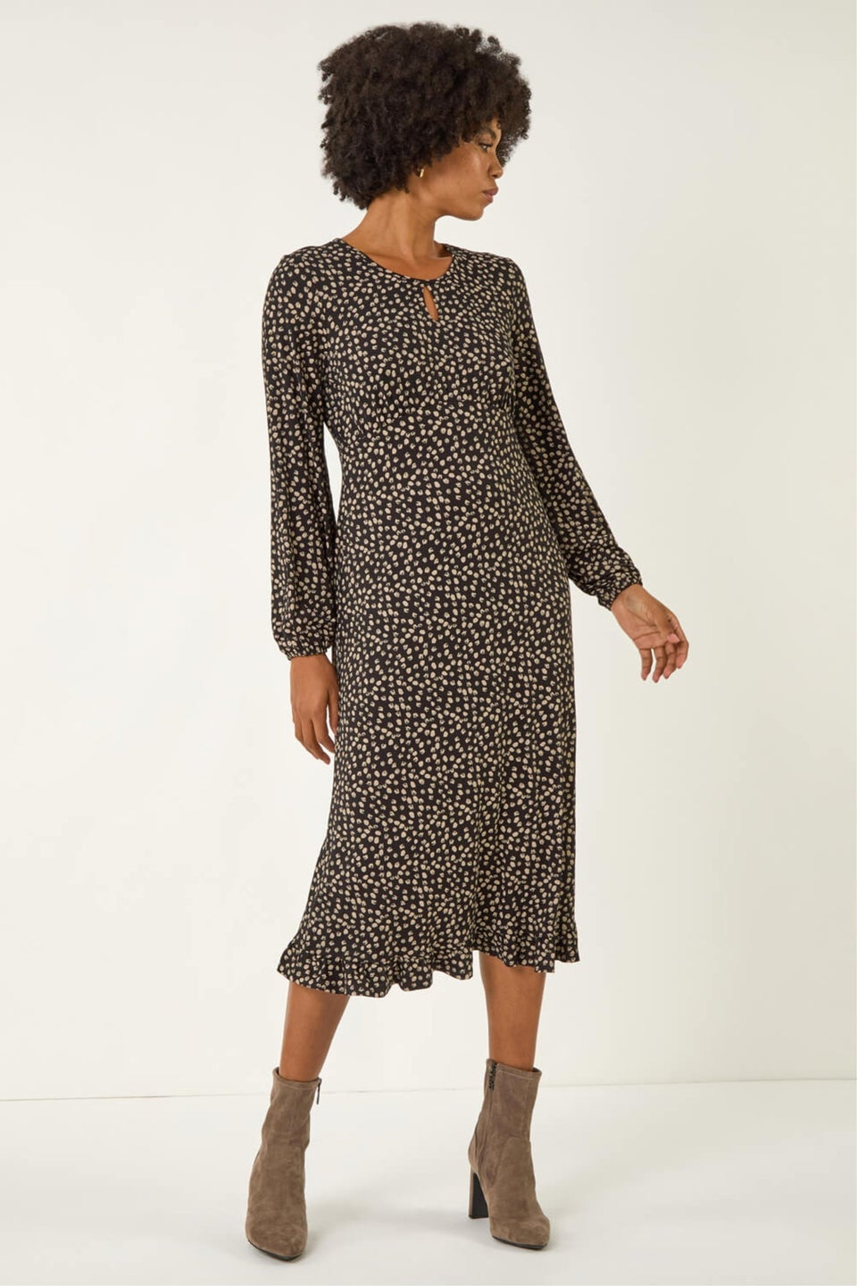 Roman Stone Spot Print Keyhole Midi Dress