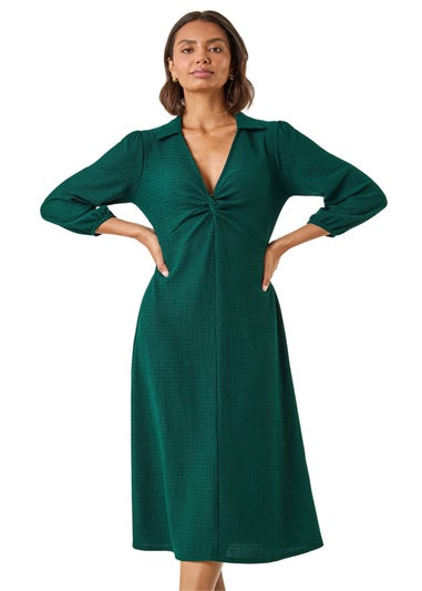 Roman Green Textured Collared Twist Front Dress