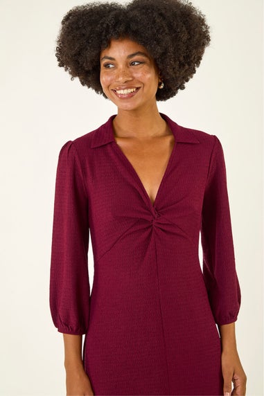 Roman Wine Textured Collared Twist Front Dress