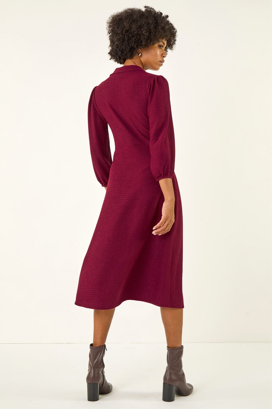 Roman Wine Textured Collared Twist Front Dress