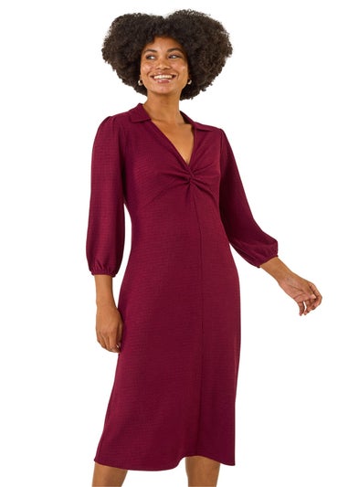 Roman Wine Textured Collared Twist Front Dress