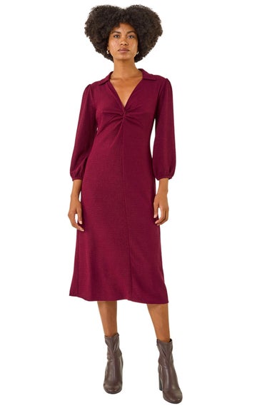 Roman Wine Textured Collared Twist Front Dress